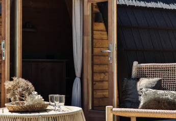 Espace extérieur avec mobilier en rotin devant une cabane en bois au Cabin at Thuysgrond, Pays-Bas.