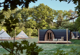 Træhytter og telte på græsplæne omgivet af træer, fotograferet ved Cabin at Thuysgrond i Holland.