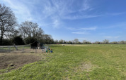 Sunny view of Feather Down Foxglove Farm holiday park in South East England with grassy fields and trees.