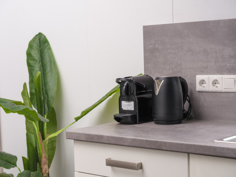 Modern kitchen counter with electric kettle, coffee maker, plant, and power outlets at Holiday Park Mölke.