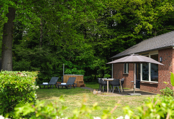 Gemütliche Lodge im Holiday Park Mölke, Niederlande, mit Sonnenliegen, Terrasse und schöner Waldkulisse.