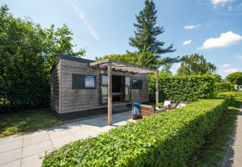 Træhus kaldet Tiny House i Holiday Park Mölke, Holland, omgivet af grønne hække og havemøbler.