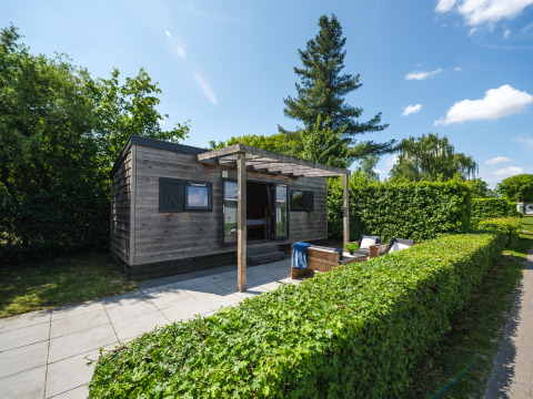 Tiny House in Holiday Park Mölke, Nederland, houten woning met terras en tuinmeubelen tussen het groen.