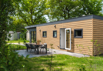 Tiny Cabin moderna con esterno in legno e patio al Holiday Park Mölke, Paesi Bassi, immersa nel verde.