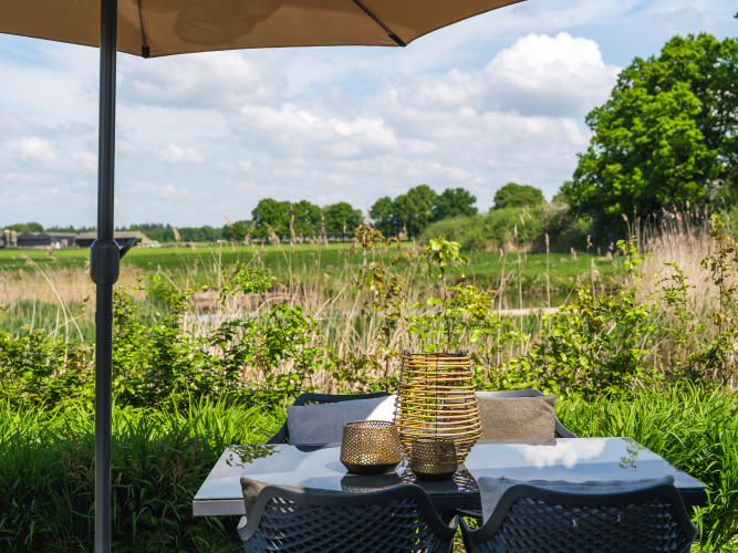 Terrace view from Bungalow at the Regge in Holiday Park Mölke, with table, chairs, and lush greenery.