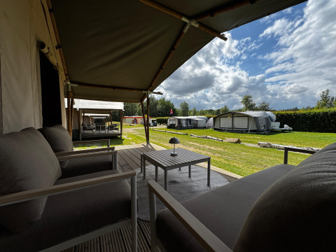 Vue depuis la terrasse d'une tente safari avec fauteuils et table, entourée de verdure et d'autres tentes.