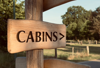 Cartello in legno con scritto 'CABINS>' al parco vacanze Thuysgrond, North Brabant, Paesi Bassi, alberi sullo sfondo.