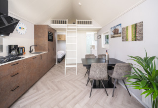Cucina moderna e zona pranzo nella Summer Lodge al parco ricreativo e marina Rhederlaagse Meren, Paesi Bassi.
