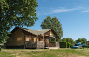 Safari tent Ranger at Recreation Park and Marina Rhederlaagse Meren in the Netherlands on a sunny day.