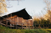 Safari tent with sanitary facilities at Camping Lucherino in Italy, surrounded by nature and trees.