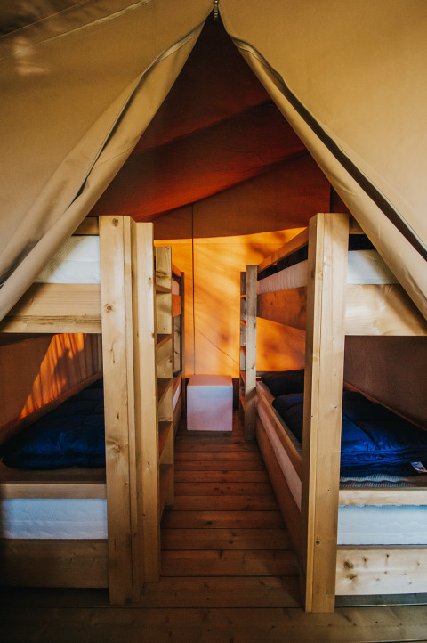 Interieur van een safaritent met vier houten stapelbedden en houten vloer bij Camping Lucherino in Italië.