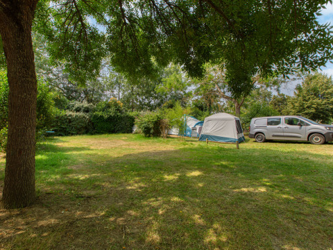 Zona de acampada con tiendas y coche bajo árboles en Flower Camping L'Ile d'Offard, Pays de la Loire, Francia.