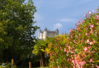 Vue sur un château lointain entouré de fleurs et palmiers à Flower Camping L'Ile d'Offard en France.