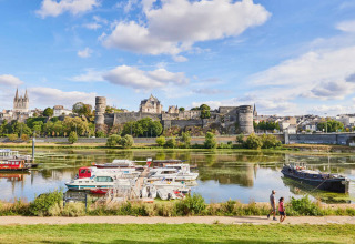 Vue sur le port de plaisance et le château d’Angers depuis Flower Camping L'Ile d’Offard, Pays de la Loire, France.