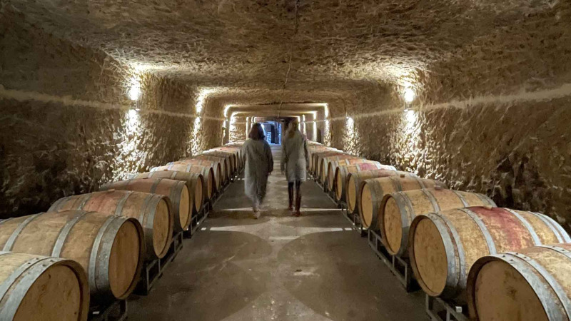 Two people walking through a wine cellar with wooden barrels near Saumur, Pays de la Loire, France.