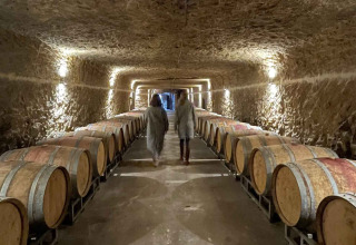Twee mensen lopen door een wijnkelder met houten vaten nabij Saumur, Pays de la Loire, Frankrijk.