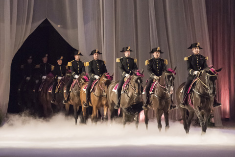 Cavalieri in uniforme a cavallo si esibiscono al coperto con luci suggestive e nebbia in Pays de la Loire, Francia.