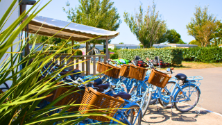 Mehrere blaue Fahrräder mit Körben am Flower Camping Les Ilates in Nouvelle-Aquitaine, Frankreich.