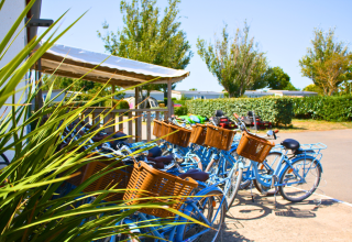 A row of blue bicycles with baskets at Flower Camping Les Ilates holiday park in Nouvelle-Aquitaine, France.