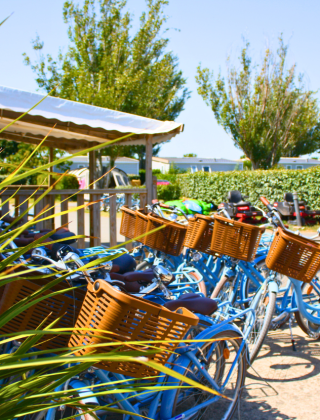 Rij blauwe fietsen met mandjes bij Flower Camping Les Ilates, vakantiepark in Nouvelle-Aquitaine, Frankrijk.