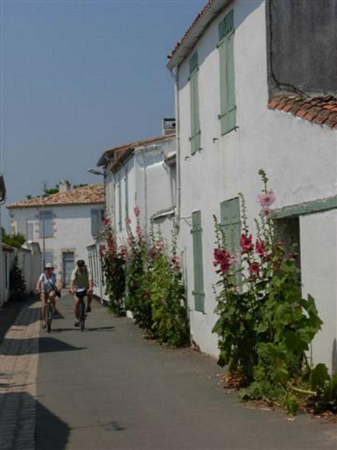 To personer cykler langs en smal gade med hvide huse og stokroser i Flower Camping Les Ilates, Frankrig.
