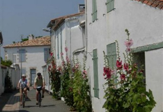 Two people ride bicycles down a narrow street lined with white houses and hollyhocks at Les Ilates, France.