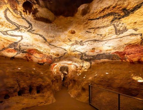 Peintures rupestres animalières au plafond d'une grotte ancienne au Flower Camping Les Ondines, Occitanie, France.