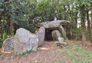 Dolmen de pierres anciennes entouré d'arbres denses à Flower Camping Cap Finistère, Bretagne, France.