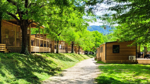 Holzchalets unter grünen Bäumen an einem Weg im Flower Camping Mas de Champel, Auvergne-Rhône-Alpes, Frankreich.