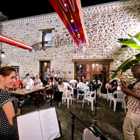 Soirée au Flower Camping Mas de Champel en Auvergne-Rhône-Alpes : les gens profitent de la musique en plein air.