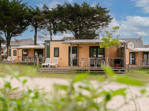 Mobilehomes på Flower Camping Les Paludiers feriested i Pays de la Loire, Frankrig, omgivet af træer.