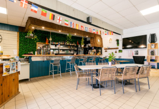 Intérieur du bar du Flower Camping Les Paludiers avec tables, chaises, comptoir et drapeaux, Pays de la Loire, France.