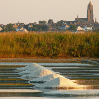 Zoutbergen op de voorgrond met het dorp Batz-sur-Mer en zijn kerk op de achtergrond, Pays de la Loire, Frankrijk.