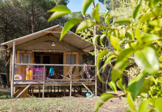 Cabaña de madera con terraza y muebles infantiles en Flower Camping Le Bel Air, Nouvelle-Aquitania, Francia