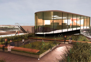Edificio moderno de cristal en una terraza con vegetación en Flower Camping La Chênaie, Normandía, Francia.