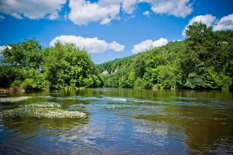 Rivier omringd door groen bos en blauwe lucht in de buurt van Vitrac, Nouvelle-Aquitaine, Frankrijk, zomer.