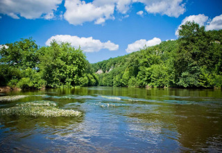 Fluss umgeben von üppigen grünen Bäumen und blauem Himmel nahe Vitrac, Nouvelle-Aquitaine, Frankreich.