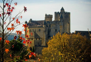Un château médiéval entouré de feuillage d’automne près de Vitrac, en Nouvelle-Aquitaine, France.
