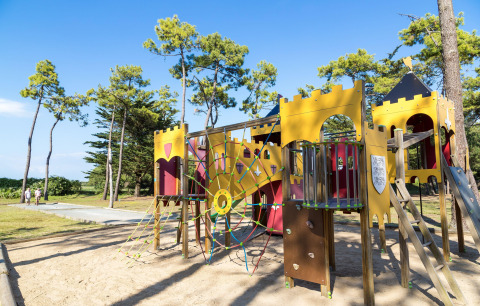 Kasteelthema speeltuin bij Flower Camping Tamarins Plage in Nouvelle-Aquitaine, Frankrijk, omgeven door bomen.