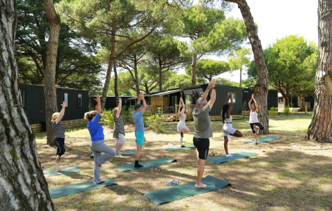 Group participates in outdoor yoga class under trees at Flower Camping Tamarins Plage, Nouvelle-Aquitaine, France.