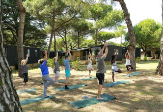 Gruppe macht Yoga im Freien unter Bäumen in Flower Camping Tamarins Plage, Nouvelle-Aquitaine, Frankreich.