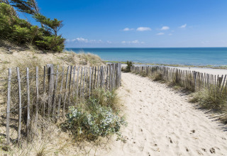 Sandy path through dunes with wooden fences leads to the sea at Flower Camping Tamarins Plage in Nouvelle-Aquitaine.