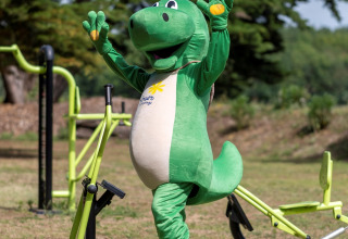 Persoon in een groen dinosauruspak gebruikt een fitnesstoestel bij Flower Camping Tamarins Plage.