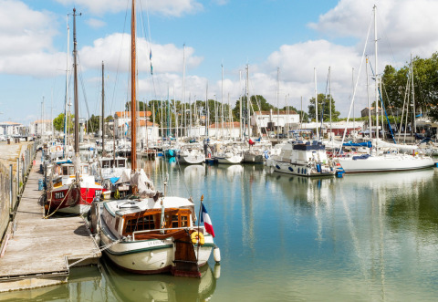 Barche a vela e yacht ormeggiati alla marina di Flower Camping Tamarins Plage, Nouvelle-Aquitaine, Francia.
