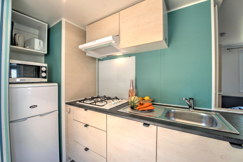Moderne kitchenette in een lodge met gasfornuis, spoelbak, koelkast, microgolfoven en groenten.