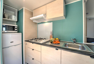 Moderne kitchenette in een lodge met gasfornuis, gootsteen, koelkast, magnetron en verse groenten.