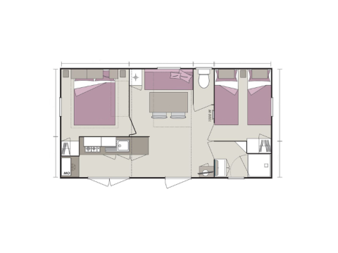 Plattegrond van een glampingverblijf met twee slaapkamers, badkamer, keuken en leefruimte.