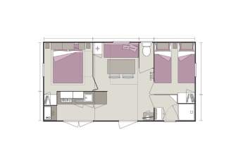 Plattegrond van een glamping-accommodatie met twee slaapkamers, badkamer, keuken en woonkamer.