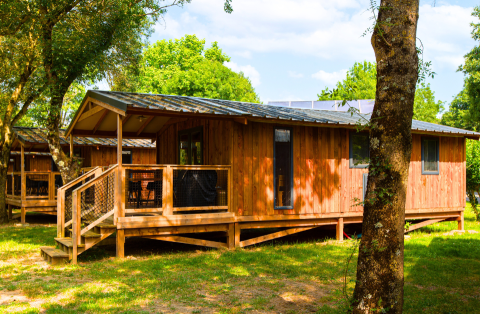 Houten lodge bij Lodge Premium VIP met veranda, omgeven door bomen en groen op een zonnige dag.