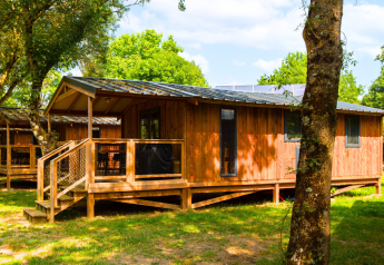 Wooden cabin at Lodge Premium VIP featuring a porch, surrounded by trees and greenery on a sunny day.